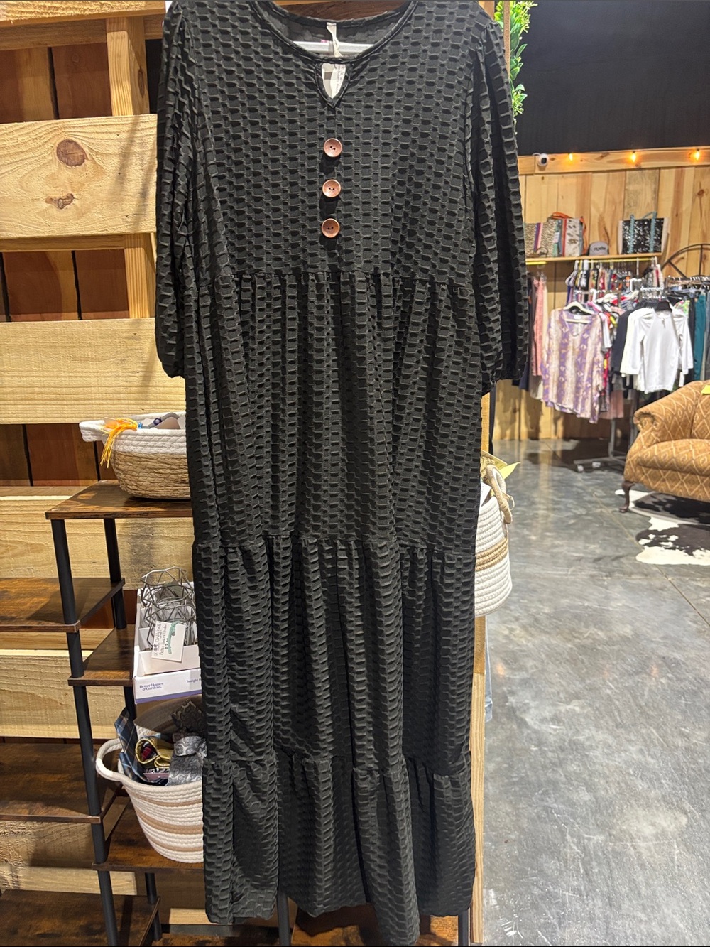 Celeste Black Textured Maxi Dress with Button Accents